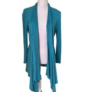 Lafayette 148 NY Teal Linen Open Front Waterfall Mixed Knit Cardigan Sweater S